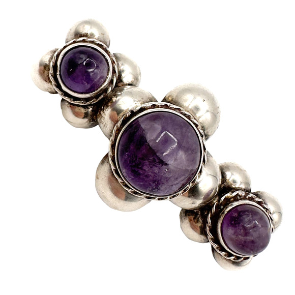 Early Vintage Mexican Sterling Silver Triple Amethyst Brooch Marked MR Mexico - Picture 1 of 12
